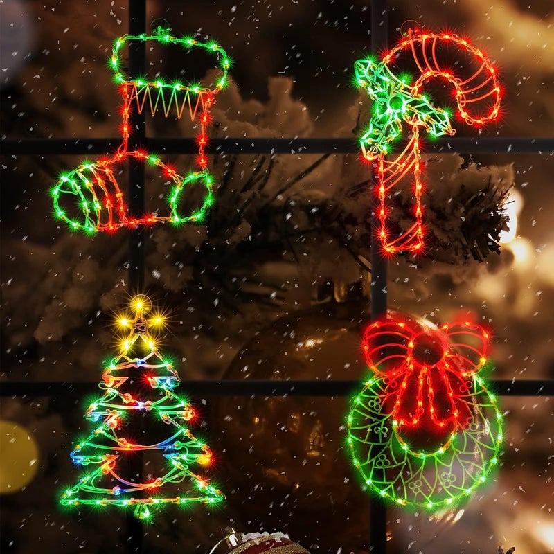 Just-pro 4 Pack Christmas Window Silhouette Lights, Lighted Candy Cane,Christmas Tree,Wreath and Christmas Stocking of Double Sided Decorations with 200 Count Incandescent Mini Light - Image 3